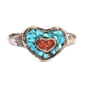 Vintage Turquoise & Coral Chip Sterling Silver Heart Ring Size 5 Southwestern